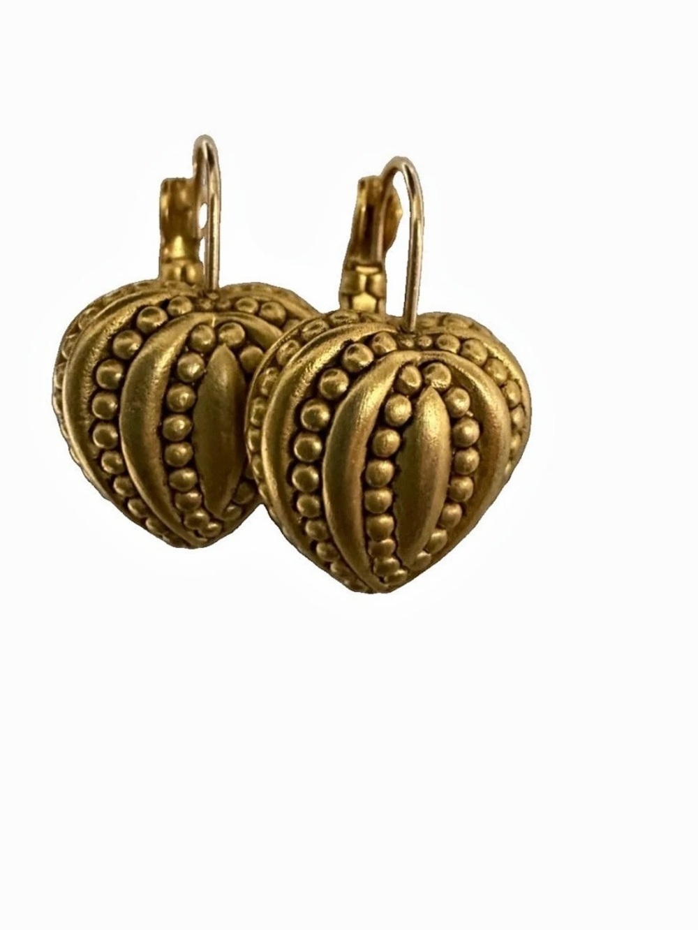 Oscar De La Renta 3D Gold-Tone matte Heart Drop Earrings signed French clip made